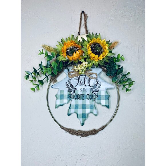 11" Fall Wreath with Sunflowers and Eucalyptus on Gold Wire Ring - Picture 7 of 7